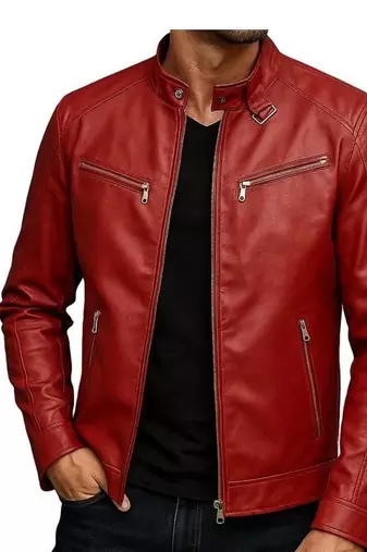 Men's red genuine leather street style casual daily wear jacket