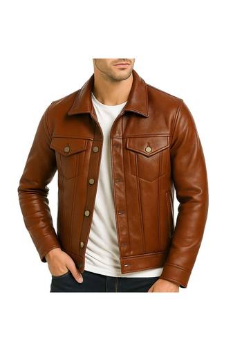 Men's tan genuine leather motorcycle style button trucker jacket