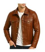 Men's tan genuine leather motorcycle style button trucker jacket