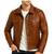 Men's tan genuine leather motorcycle style button trucker jacket