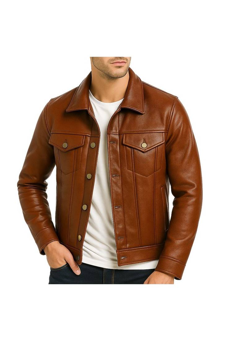 Men's tan genuine leather motorcycle style button trucker jacket