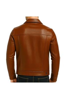 Men's tan genuine leather motorcycle style button trucker jacket 2