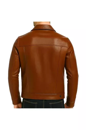 Men's tan genuine leather motorcycle style button trucker jacket