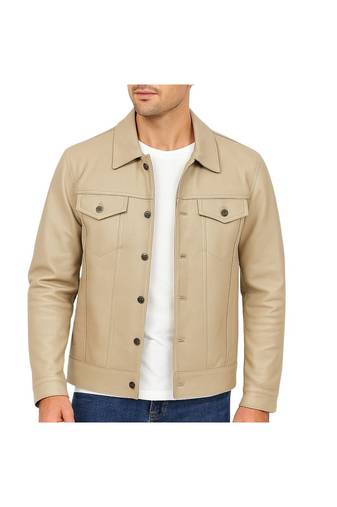 Men's beige genuine leather minimal design button style trucker jacket