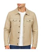 Men's beige genuine leather minimal design button style trucker jacket