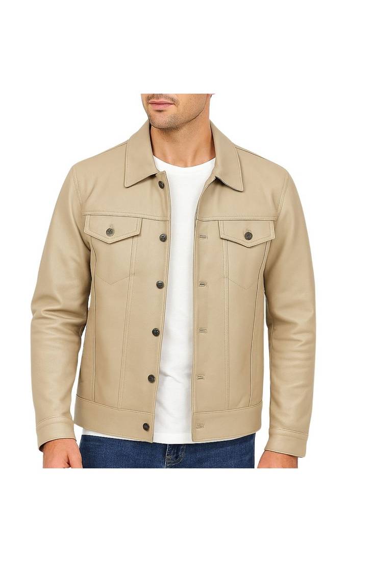 Men's beige genuine leather minimal design button style trucker jacket