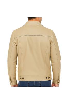 Men's beige genuine leather minimal design button style trucker jacket 2