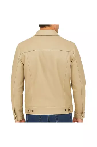 Men's beige genuine leather minimal design button style trucker jacket