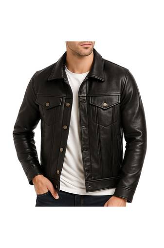 Men's black leather premium quality soft genuine button style jacket