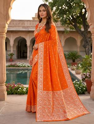 Orange soft silk blend saree with zari weaving meenakari design 2