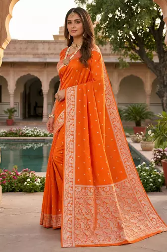 Orange soft silk blend saree with zari weaving meenakari design