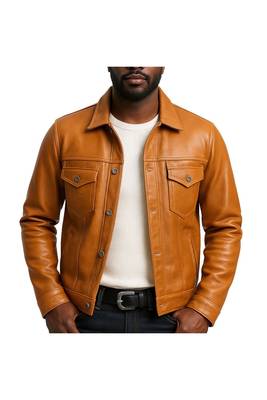 Men's tan soft genuine leather premium quality button style jacket 1
