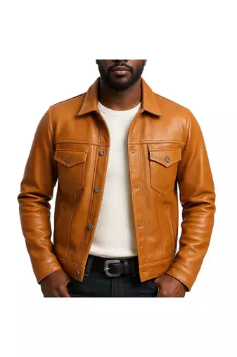 Men's tan soft genuine leather premium quality button style jacket