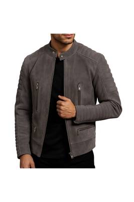 Men's grey suede leather designer style soft genuine biker jacket 1