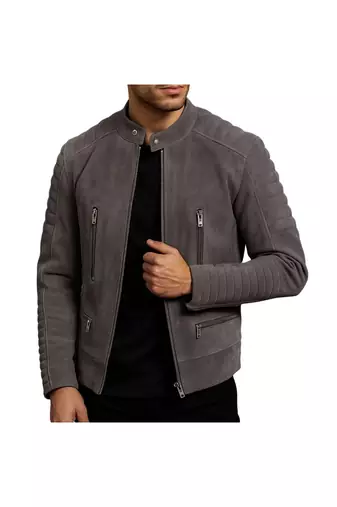 Men's grey suede leather designer style soft genuine biker jacket