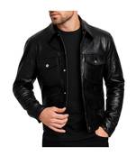 Men's black leather iconic look soft genuine button style jacket