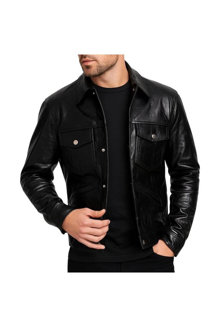 Men's black leather iconic look soft genuine button style jacket