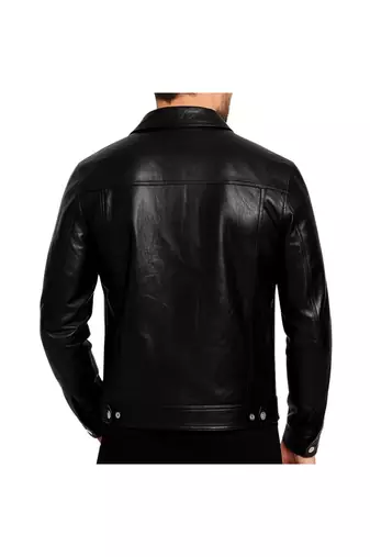 Men's black leather iconic look soft genuine button style jacket