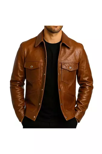 Men's brown leather iconic look real genuine button style jacket