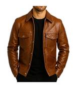 Men's brown leather iconic look real genuine button style jacket
