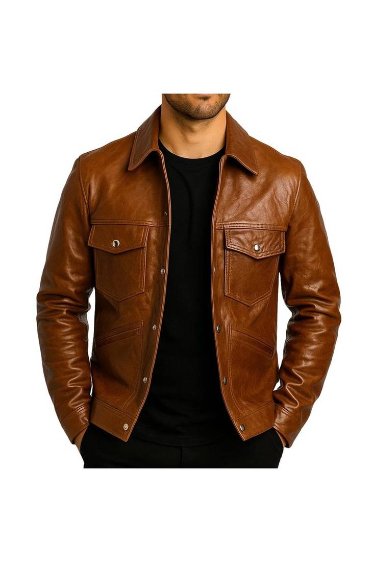 Men's brown leather iconic look real genuine button style jacket
