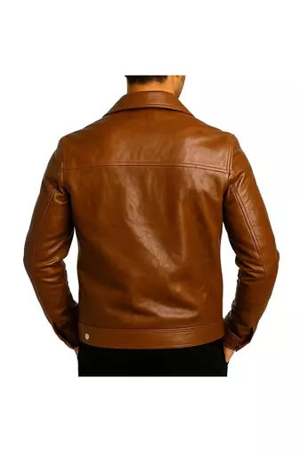 Men's brown leather iconic look real genuine button style jacket
