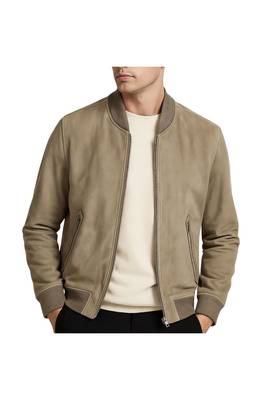 Men's beige suede leather daily wear genuine bomber jacket 1