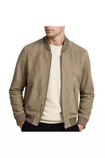 Men's beige suede leather daily wear genuine bomber jacket