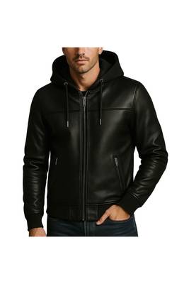 Men's genuine black leather signature look hoodies jacket 1