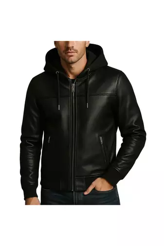 Men's genuine black leather signature look hoodies jacket