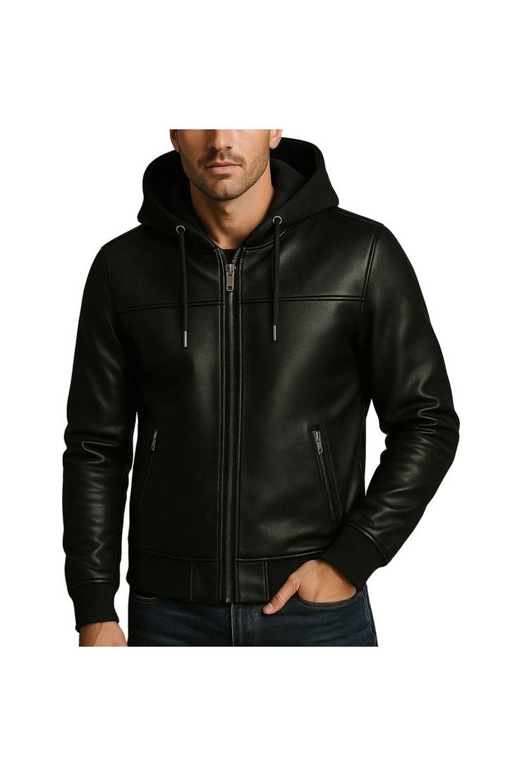 Men's genuine black leather signature look hoodies jacket