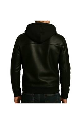 Men's genuine black leather signature look hoodies jacket 2