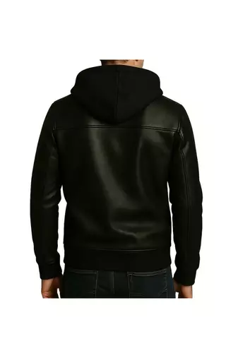 Men's genuine black leather signature look hoodies jacket