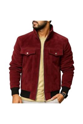 Men's red suede leather classic design bomber style jacket 1