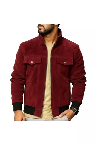 Men's red suede leather classic design bomber style jacket