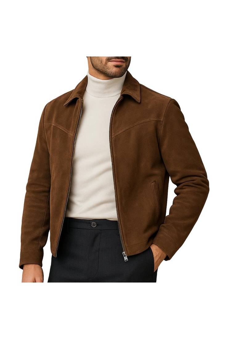 Men's brown suede leather premium finish genuine bomber racer jacket