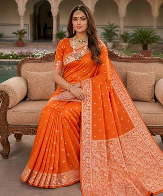 Orange soft silk blend saree with zari weaving meenakari design 3