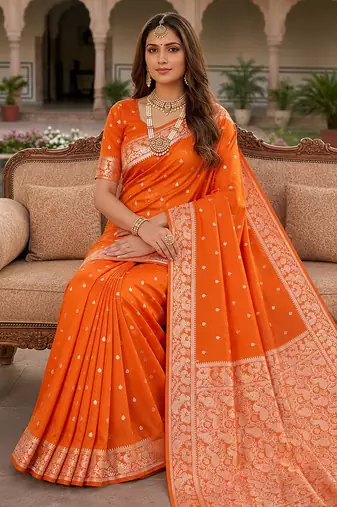 Orange soft silk blend saree with zari weaving meenakari design