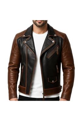 Men's brown& black leather fashion outerwear moto biker jacket 1