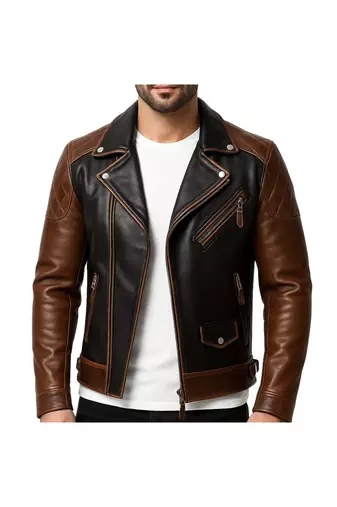 Men's brown& black leather fashion outerwear moto biker jacket