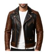 Men's brown& black leather fashion outerwear moto biker jacket