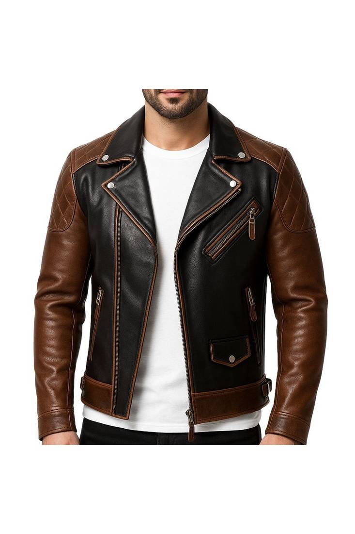 Men's brown& black leather fashion outerwear moto biker jacket