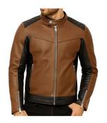 Men's brown & black genuine leather fashion outerwear biker jacket