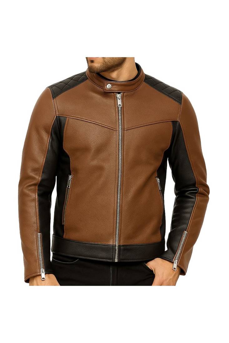 Men's brown & black genuine leather fashion outerwear biker jacket