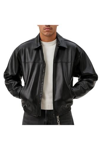 Men's black genuine leather modern fit 80's style elastic jacket