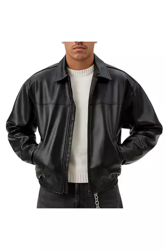 Men's black genuine leather modern fit 80's style elastic jacket