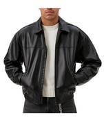 Men's black genuine leather modern fit 80's style elastic jacket
