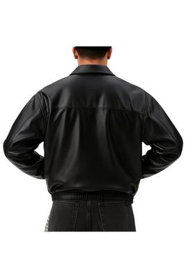 Men's black genuine leather modern fit 80's style elastic jacket 2
