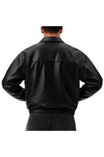 Men's black genuine leather modern fit 80's style elastic jacket