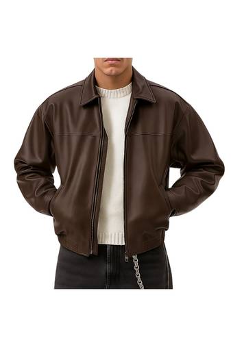 Men's brown genuine leather modern fit 80's style bomber jacket